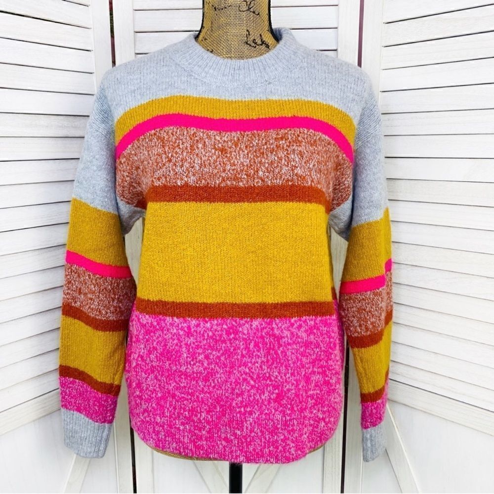 Lou & Grey for Loft Multi Stripe Chunky Knit Sweater Gray Yellow Pink Small‎